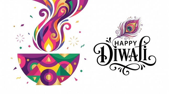 Happy Diwali greeting card, colorful geometric diya lamp illustration, vibrant festival of lights banner on white background