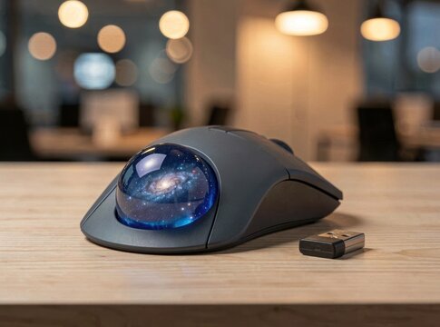 Modern computer trackball mouse with galaxy design on wooden desk