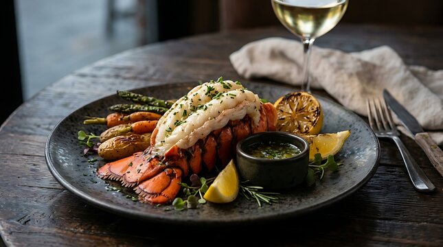 Grilled fish fillet with vegetables served on dark plate for restaurant menu presentation. lobster tail