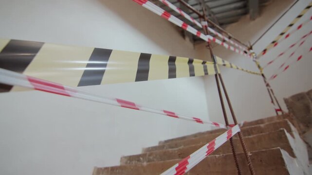 Hazardous warning tapes signal for danger to unsuspecting visitors. Crumbling deteriorating structure with cracks and unstable section
