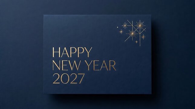Elegant Happy New Year 2027 greeting card on dark blue textured paper with minimalist gold foil firework design.