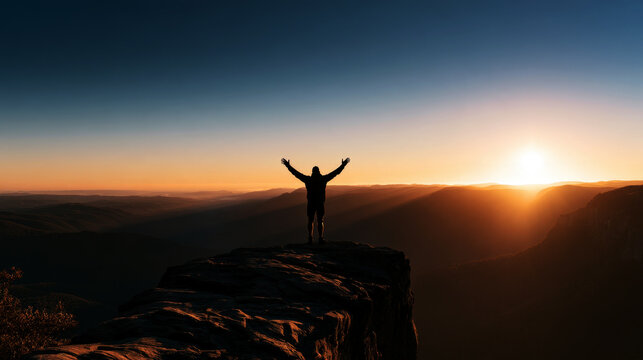Freedom and adventure of travel, silhouette of a person raising their hands in prayer at the mountain peak with the sun setting in the sky,