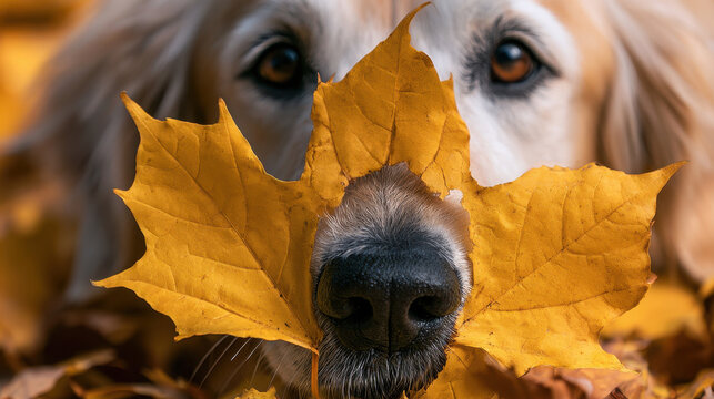golden retriever dog portrait with a yellow maple leaf on top of her head.