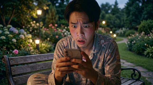 Shocked Asian Man in Pajamas Looking at Smartphone Screen with Sweating Face Sitting on Garden Bench at Night