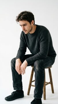 Thoughtful young man sitting on a stool.