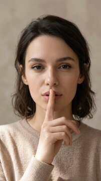 Woman gesturing for silence with finger on lips.