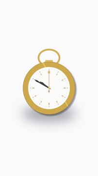 Animated pocket watch ticking seconds, analog clock face with hands moving on white background, time passing concept