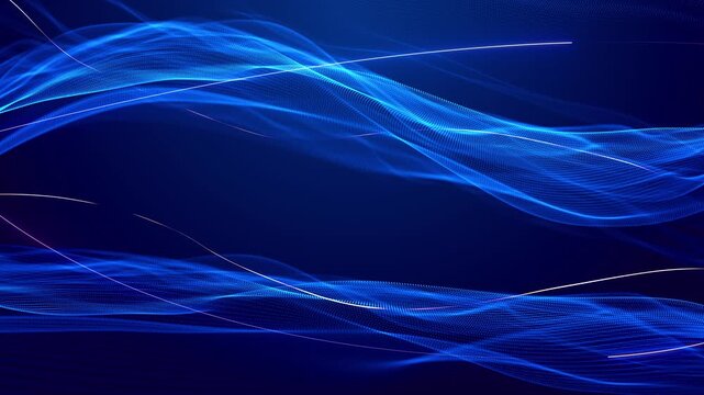 Luminous dotted mesh ribbons dark blue space golden trails. Futuristic motion big data, cloud computing, network systems, science, analytics, cybersecurity, digital transformation, modern openers.