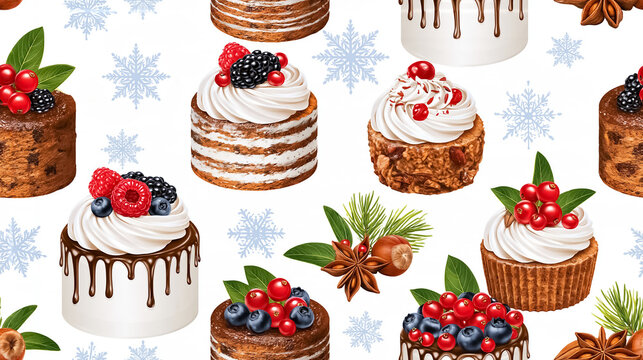 Seamless pattern with Christmas different cakes, flat design

