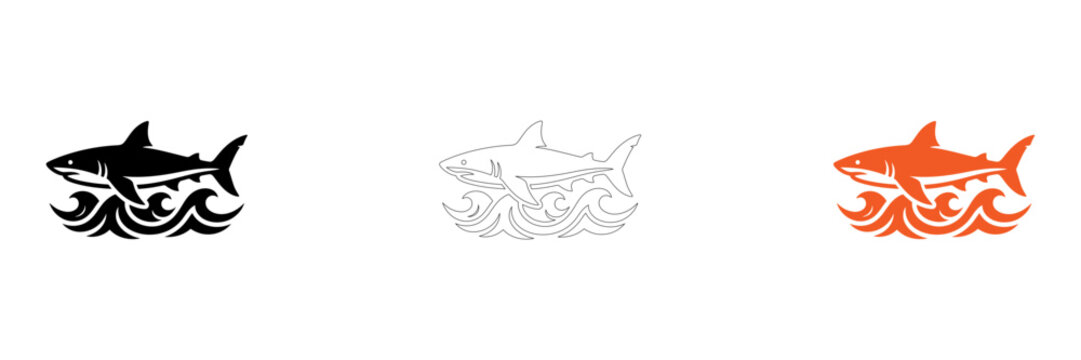 Minimalist shark vector icons set of three isolated on transparent background, Vector