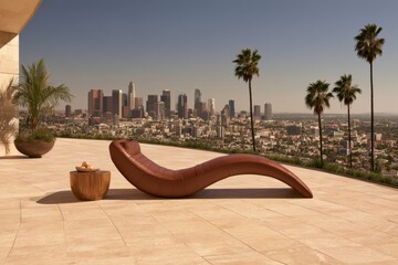 Obraz premium Curved leather chaise lounge on spacious tiled terrace overlooking palm trees and dense urban skyline under clear blue sky, elevated city view