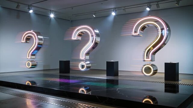 Lights starting, three lit metal question marks shifting, blurring, settling for gallery display