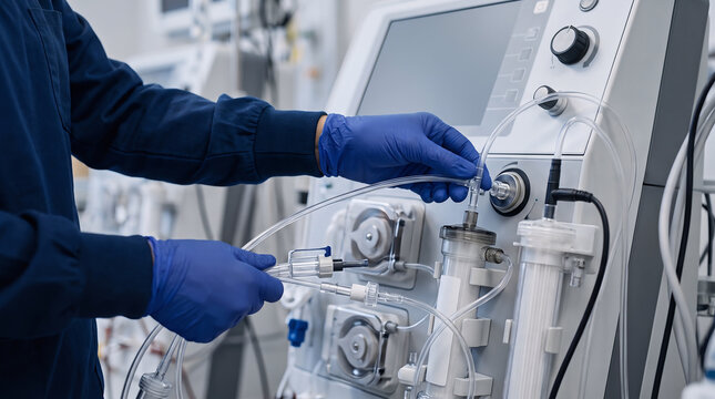 premium medical photo, close-up of a healthcare professional's gloved hands preparing sterile tubing and a modern plasmapheresis machine before treatment, clean blood purification clinic