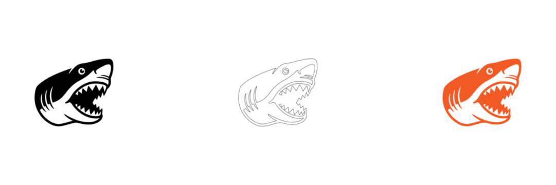Three stylized shark mouth icons in different colors isolated on transparent background, Vector