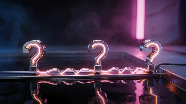 Pulsing neon question marks on rail over studio floor creating mood camera panning showing cable
