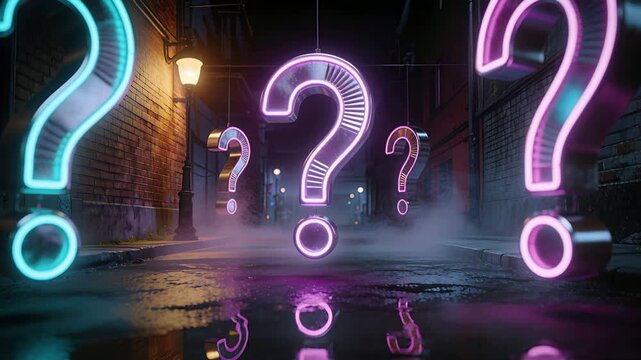 Pushing forward three neon question marks pulsing and casting glow on wet ground, revealing alley