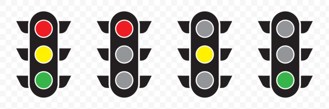 Traffic control light icon vector set with stoplight signals, road safety indicators, and transportation symbols for navigation, driving, and urban design projects.