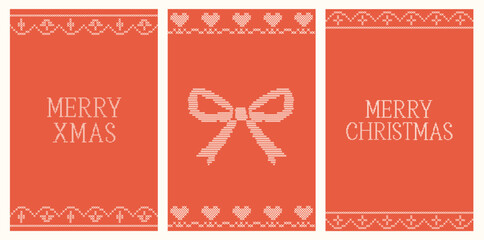 Fototapeta premium Merry Christmas cross stitch greeting cards collection. Vintage pixelated needlework red background set with handmade winter holiday bow, heart pattern border graphic vector illustration. 