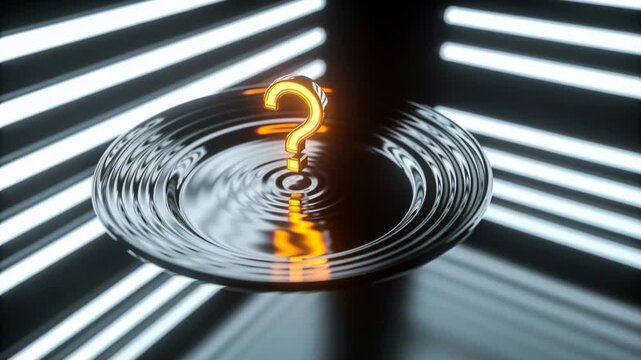 Hovering glowing orange question mark emitting pulse over dark studio dish creating growing ripples