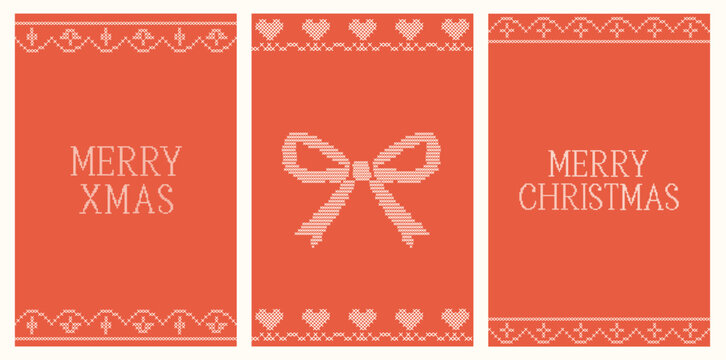 Merry Christmas cross stitch greeting cards collection. Vintage pixelated needlework red background set with handmade winter holiday bow, heart pattern border graphic vector illustration. 