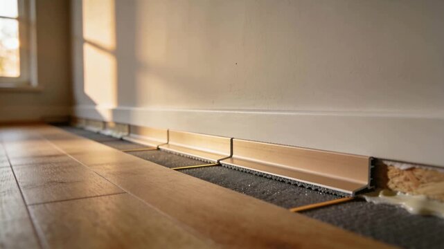 Moving low camera revealing bronze metal profile seating along wood planks at home, covering gap