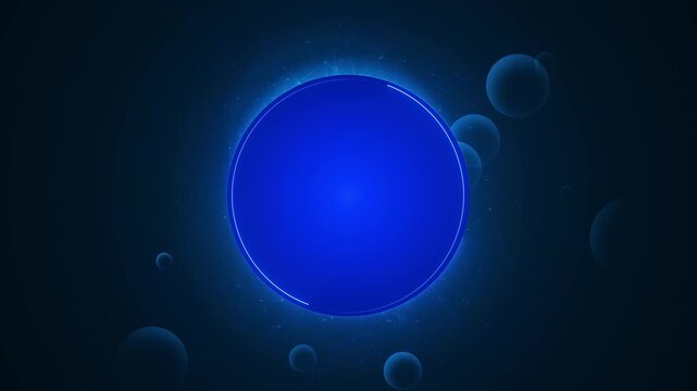 Blue bubbles orbit luminous central orb particle . Atmospheric, innovation, metaverse experiences, communication networks, digital ecosystems, cosmic themes, software intros, modern logo presentations