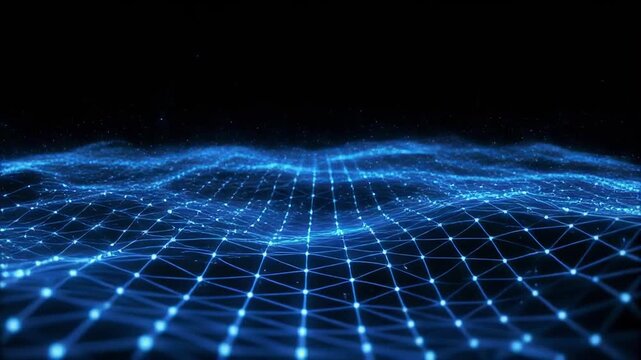Abstract digital grid network flowing with luminous points across a dark futuristic landscape