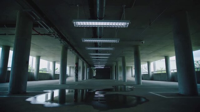Starting tracking, camera moving down garage aisle, puddle reflecting lights, showing symmetry