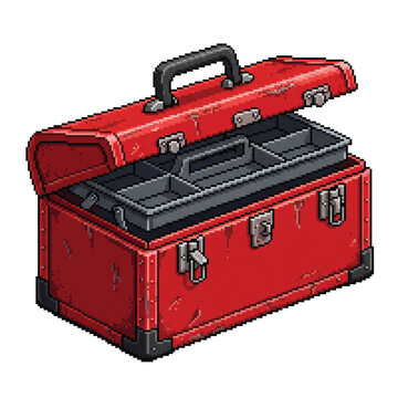Open Red Metal Tool Box with Internal Compartments in Isometric Pixel Art Style for Game Assets