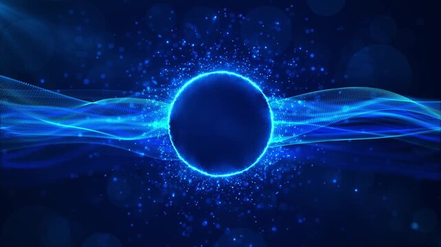 Neon particles mysterious central portal mesh waves pulse scene. Immersive abstract virtual events, electronic music, blockchain, digital communication, futuristic branding, broadcasts, logo reveals.