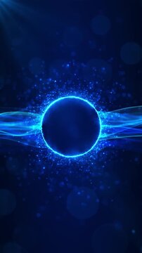 Electric ring radiates particles flowing digital waves background. Energetic motion technology music visualizers, artificial intelligence, data streams, gaming, cybersecurity science, cinematic titles
