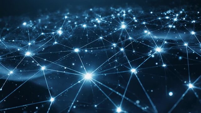 Abstract network of glowing blue nodes and lines expanding across a dark digital landscape with cinematic motion
