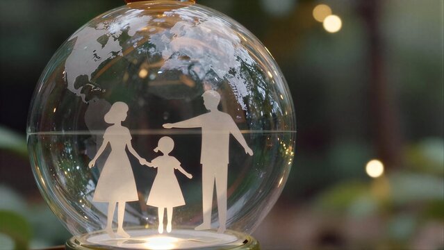Family silhouette inside glowing globe, warm lights in softly blurred background.