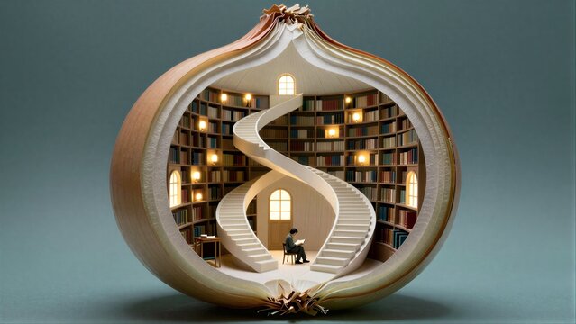 A cozy library nestled inside a giant onion, with a reader enjoying books.