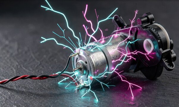 Electric motor glowing with neon blue and pink lightning sparks