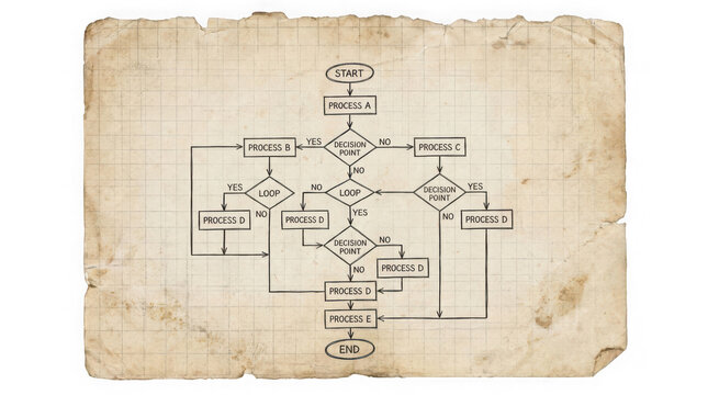 Flowchart diagram printed on old aged graph paper isolated on transparent background