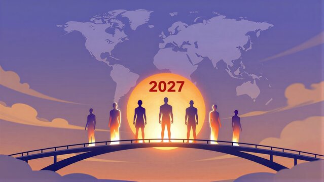 Silhouettes stand before world map with 2027 sun, symbolizing global unity in the future.