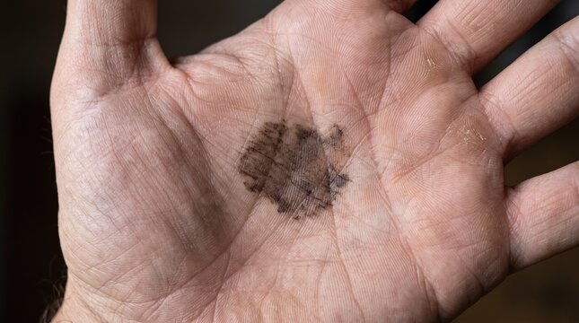 Close up of pigmented macule lesion tinea nigra or acral lentiginous melanoma on palm