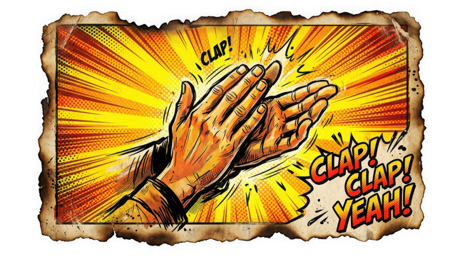 Comic book style illustration of clapping hands with sound effects on a burnt paper background isolated on transparent background