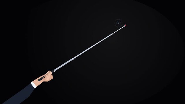 Hand in suit holding laser pointer, projecting red dot and shimmering light beam on dark background, technology presentation concept