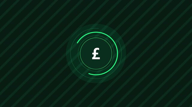 Digital British pound symbol inside glowing futuristic circle on dark green striped background animation
