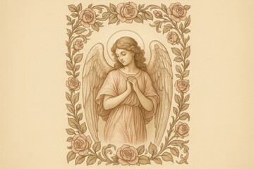 Fototapeta premium Serene angel surrounded by roses background