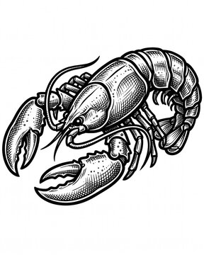 Detailed lobster with large claws, marine crustacean crawfish vintage woodcut engraving line art vector illustration isolated on white background