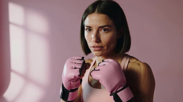 Jabbing female athlete practicing boxing drill in pink studio, wearing sports bra and padded gloves
