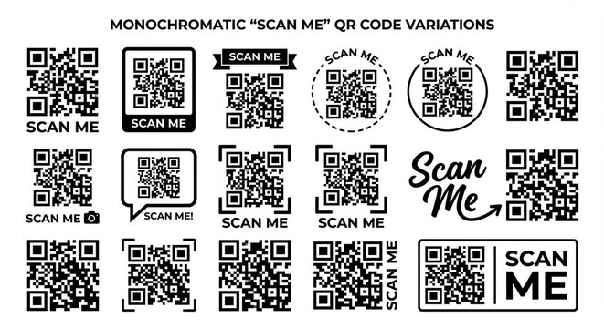 A collection of various monochromatic qr code designs with set fifteen different black white square matrix barcodes various frames typography digital scanning