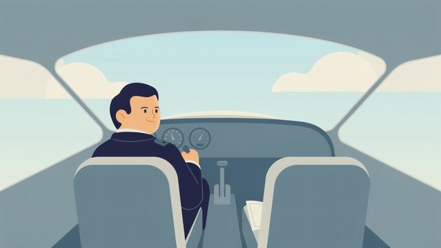 Flat vector illustration of a pilot sitting in the cockpit of a small aircraft flying in sky