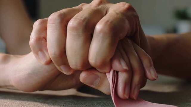 Moving larger adult hand enclosing smaller adult hand at home table, pulling pink cloth for comfort
