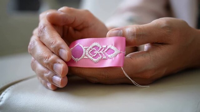 Cradling pink ribbon, hands tracing and revealing white stitch on armrest, blazer sleeve visible