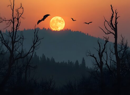 Bats flying past a glowing full moon over dark mountain silhouettes with mountain sil