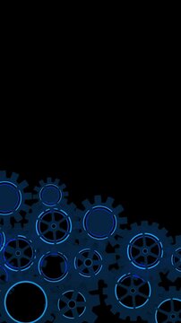 Dark metallic gears rotate machine system rings. Professional for factory automation, mechanical engineering, operations, maintenance, production planning, technology, collaboration, and industry.